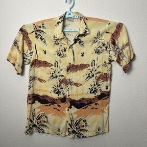 Vintage Playboy Rayon Hawaiian Shirt Bunny Logo All Over Print Mens Large